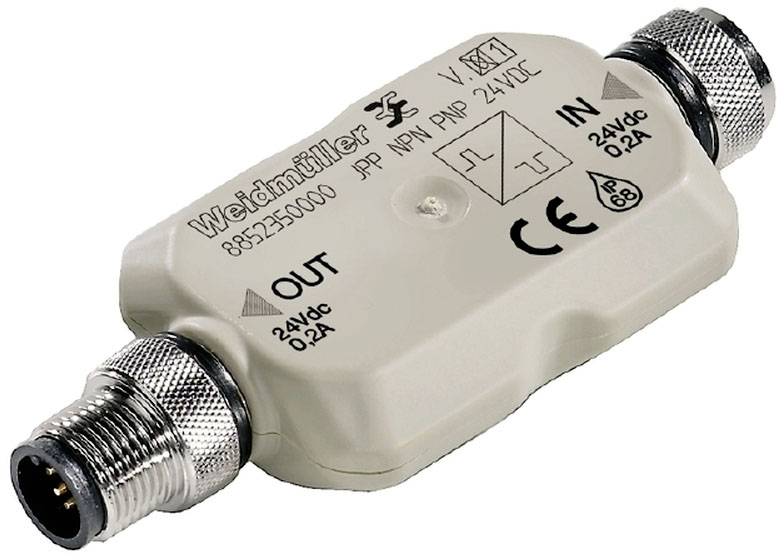 Elektronisches Bauteil mit Anschlüssen, markiert mit 'Weidmüller', geeignet für 24VDC, 0.2A Stromfluss. Logos für Schutzgrad und Zertifikate sichtbar.