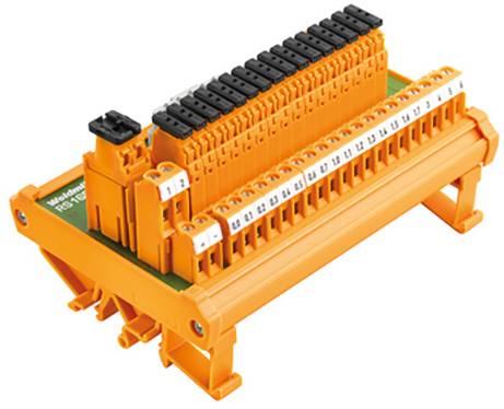 Vernetzte orangefarbene elektronische Anschlussklemme mit schwarzen Steckverbindern, verwendet für Elektroinstallationen.