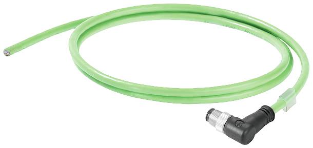 Ein grünes Kabel mit einem abgewinkelten Steckverbinder am Ende. Geeignet für industrielle Anwendungen.
