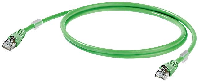 Grünes Ethernet-Kabel mit RJ45-Steckern an beiden Enden, geeignet für Netzwerkverbindungen.