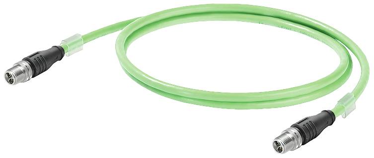 Ein grünes Verbindungskabel mit zwei Metallsteckern an den Enden, geeignet für elektronische Verbindungen.