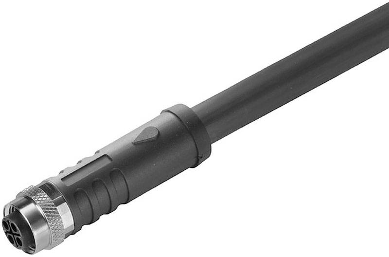 Ein schwarzes Kabel mit einem runden, metallverstärkten Anschlussstecker am Ende, bereit zur Verbindung mit einem passenden Gerät.