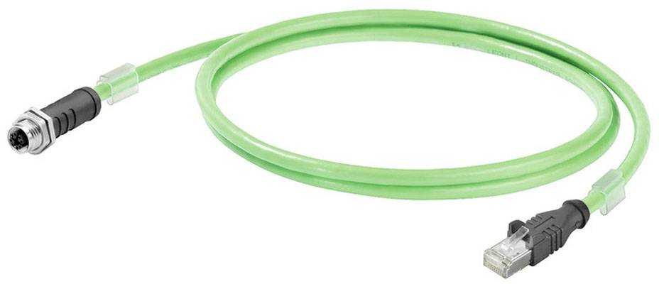 Grünes Ethernet-Kabel mit RJ45-Stecker links und speziellen Stecker rechts, zeigt Verbindungsoptionen für Netzwerke.