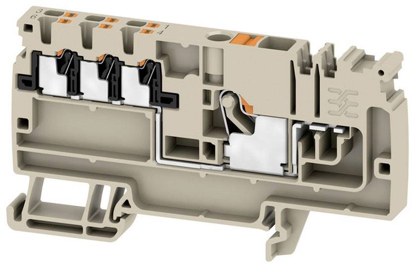 Querschnitt eines beige Kunststoffklemmenblocks mit Metallteilen und orangenen Drückern. Verwendet zur elektrischen Verbindung.