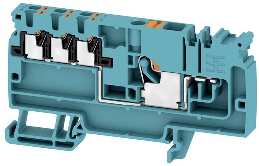 Türkise elektrische Anschlussklemme mit mehreren Steckverbindungen und orangefarbenen Komponenten zur Drahtbefestigung, seitlich dargestellt.