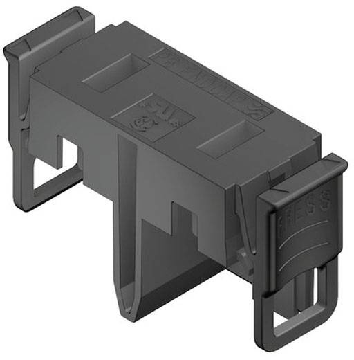 Schwarzes Kunststoff-Bauteil mit rechteckiger Form, zwei seitlichen Hebeln mit 'Press'-Aufschrift für Steckerverriegelung oder -freigabe.