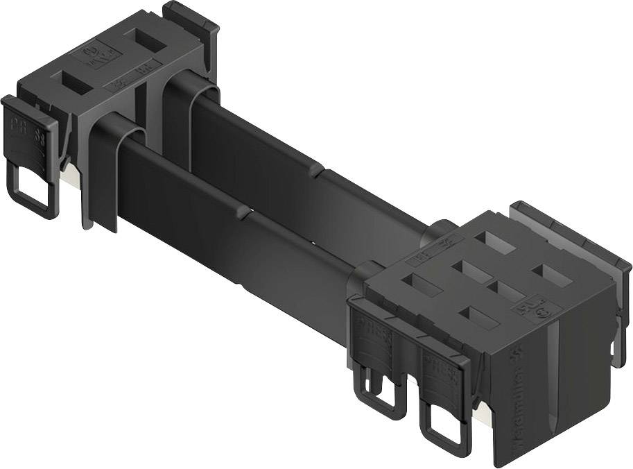 Ein schwarzer Kunststoffadapter mit rechteckigen Anschlüssen an beiden Enden. Geeignet für den Einsatz in elektromechanischen Systemen.