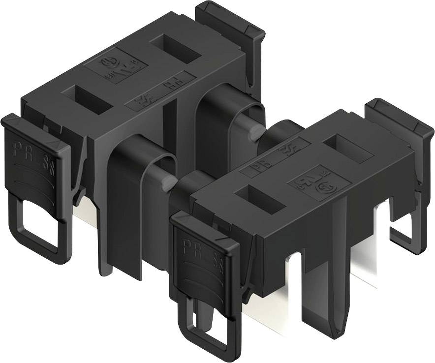 Schwarzer Kunststoffstecker mit zwei Steckplätzen und mehreren seitlichen Halterungen.