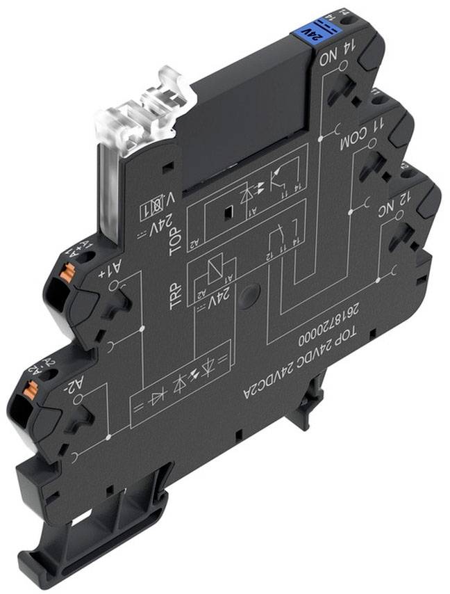 Elektronisches Schaltmodul in schwarzer Farbe mit mehreren Anschlüssen und eingezeichnetem Schaltplan auf der Vorderseite.