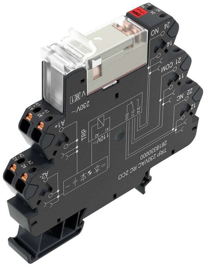 Schwarzes elektronisches Relaismodul mit mehreren Anschlüssen, Markierungen und Schaltplänen auf der Oberfläche, transparentes Gehäuse oben.