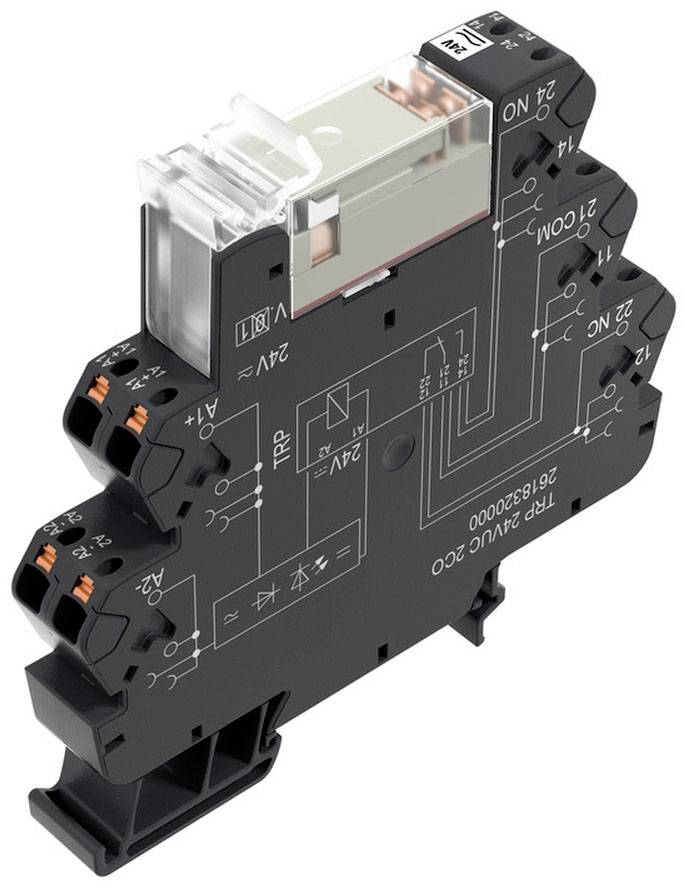 Ein elektronisches Relais-Modul mit mehreren Anschlüssen und Schaltkreissymbolen auf der Oberfläche. Es ist für 24V-Systeme ausgelegt.