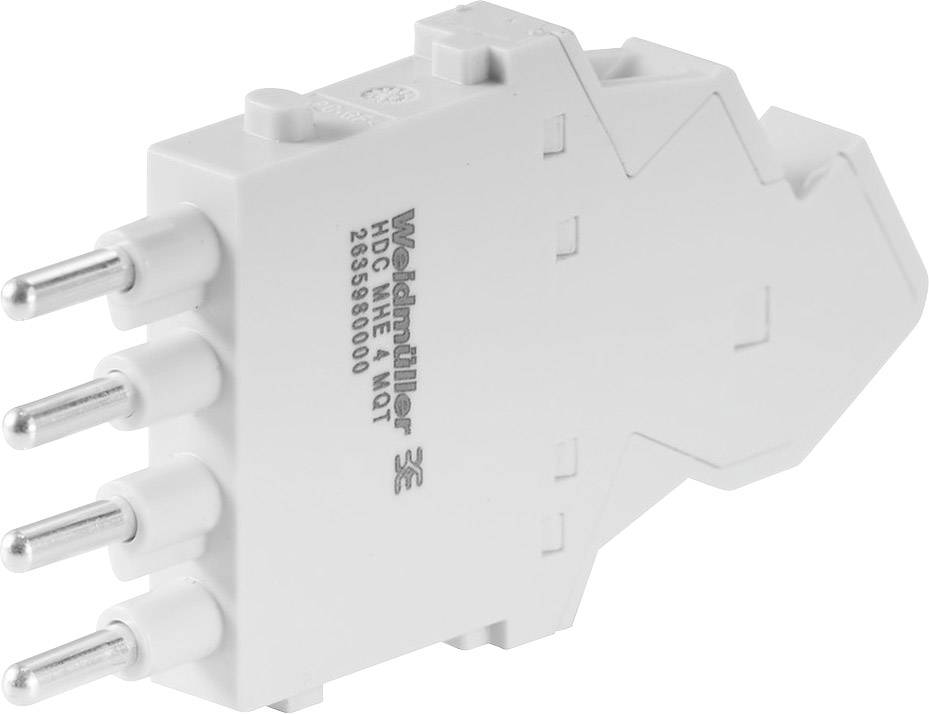 Ein weißer Weidmüller Steckverbinder mit vier Metallstiften; für elektronische Verbindungen in Industrieanwendungen konzipiert.