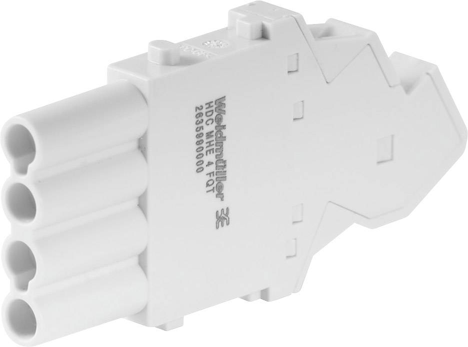 Ein weißer elektrischer Stecker mit vier runden Anschlüssen, beschriftet mit 'Weidmüller HDC 54 4 1 QT 2035900000'.