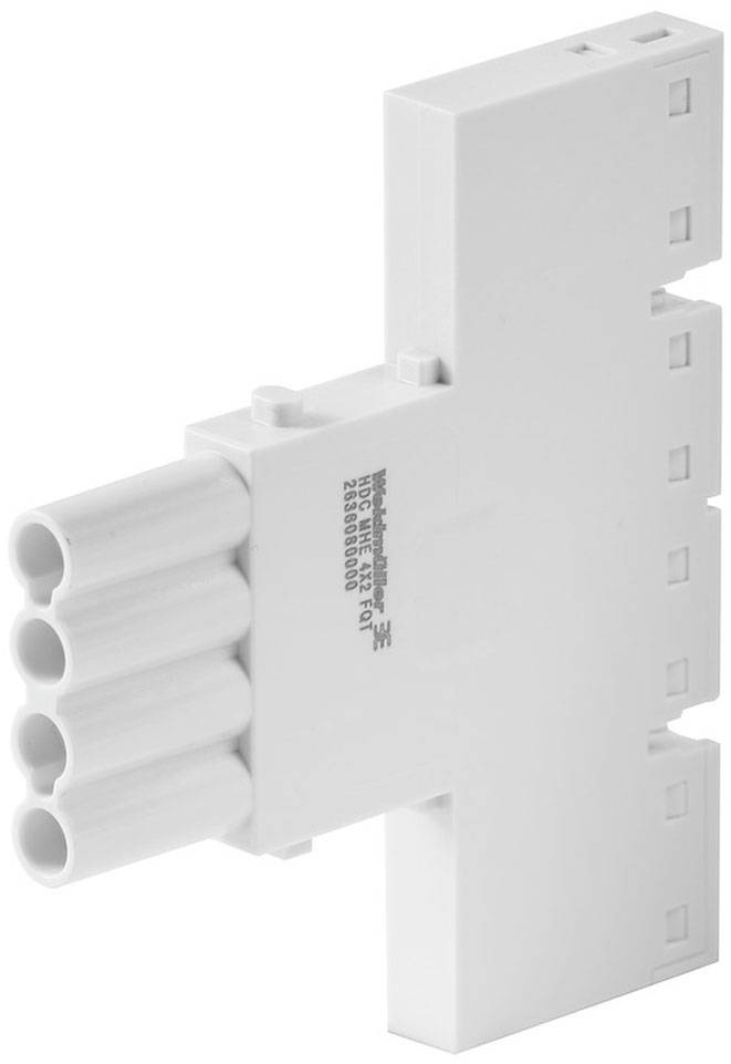Ein weißer elektrischer Steckverbinder mit fünf Röhrenanschlüssen, geeignet für den Einsatz in industriellen Elektroinstallationen.