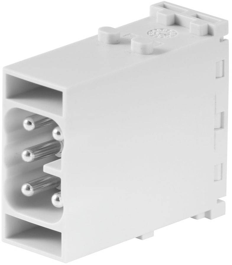 Ein weißer elektrischer Stecker mit drei Metallstiften.