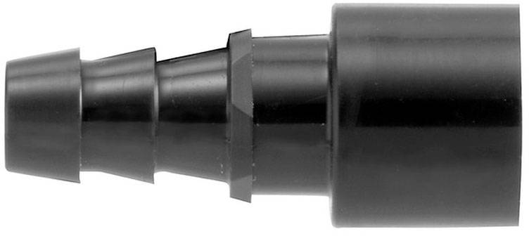 Ein schwarzer Kunststoffschlauchverbinder mit abgestuften Verbindungsstücken und einem robusten zylindrischen Ende.