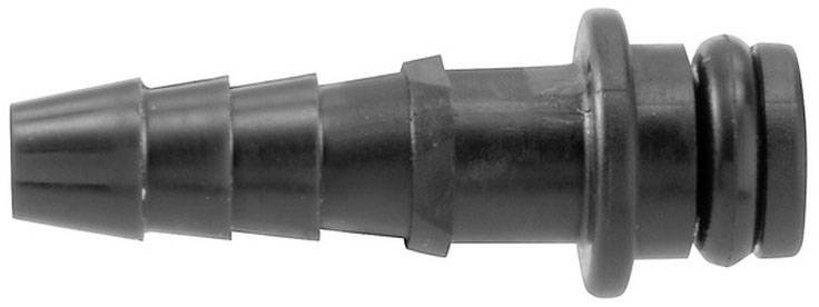 Ein schwarzer Kunststoff-Schlauchadapter mit gerippter Oberfläche und Dichtung, geeignet zum Verbinden von Schläuchen unterschiedlicher Größe.