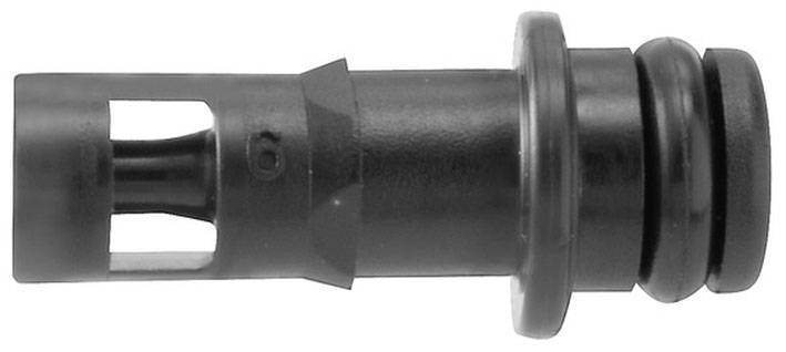 Schwarzes Kunststoff-Bauteil mit einer zylindrischen Form und zwei Dichtungsringen auf einer Seite, meist in technischen Anwendungen eingesetzt.