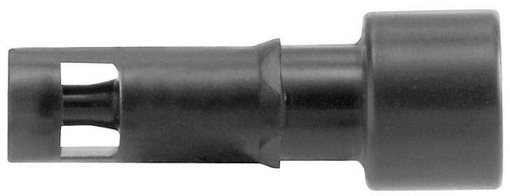 Schwarzes, zylindrisches Metallteil mit Aussparungen auf der linken Seite, vermutlich Adapter oder Anschluss. Kein Text oder Logos sichtbar.