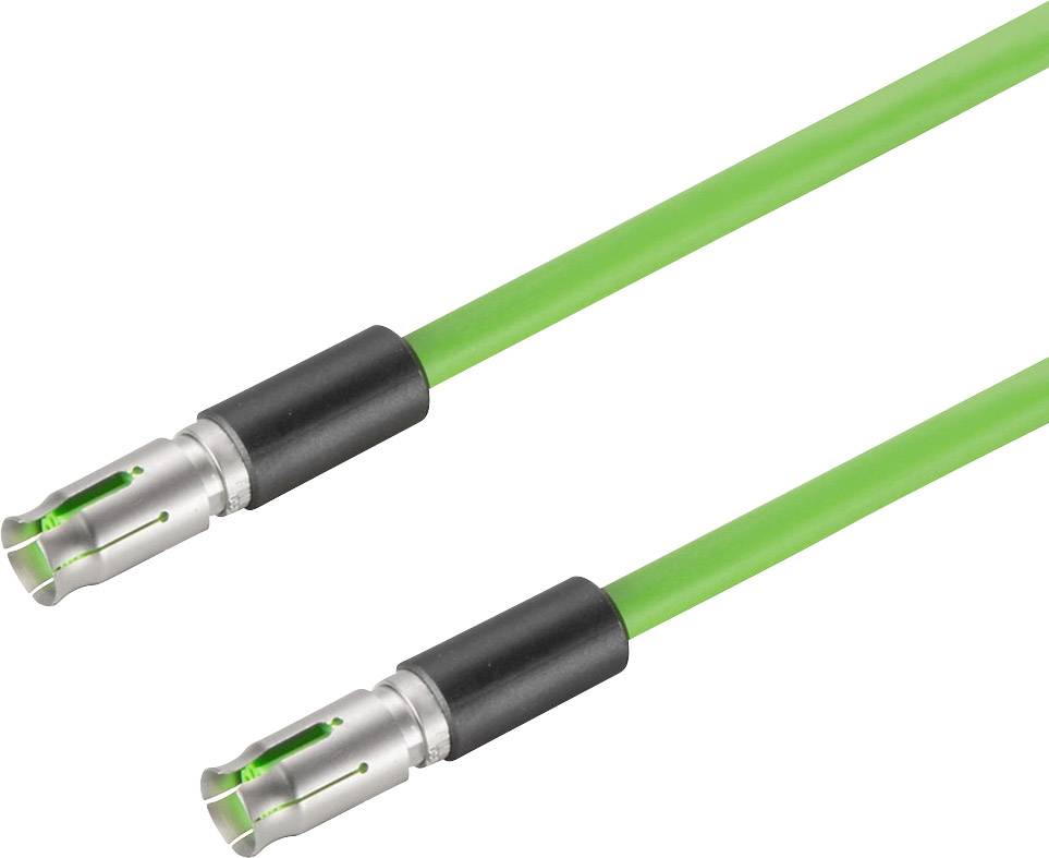 Zwei grüne und silberne Glasfaserkabel mit Steckverbindern, übereinander liegend.