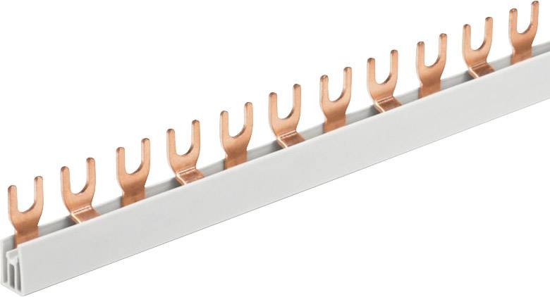 Einphasen-Sammelschiene mit Kupfergabelklemmen, zum Verteilen von elektrischer Energie in Schaltschränken.