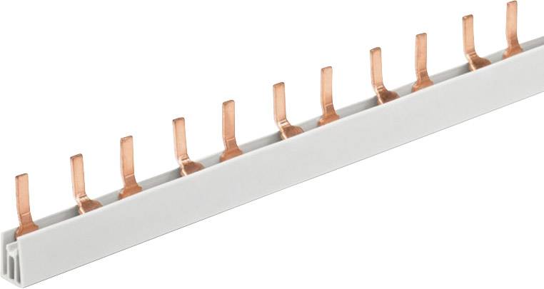 Abbildung eines Kupferschienenverteilers in einer weißen Kunststoffhalterung, verwendet zur elektrischen Verteilung in Schaltschränken.