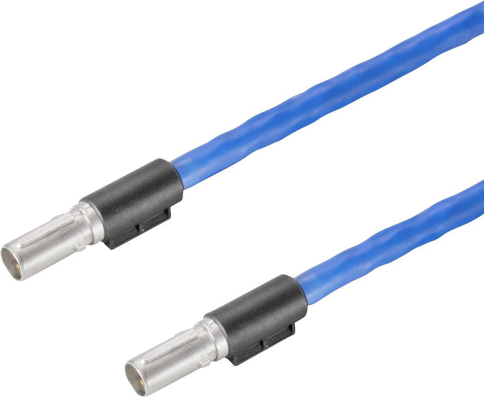 Zwei blaue elektrische Kabel mit silbernen Steckverbindern an beiden Enden. Sie sind parallel und zeigen nach rechts.