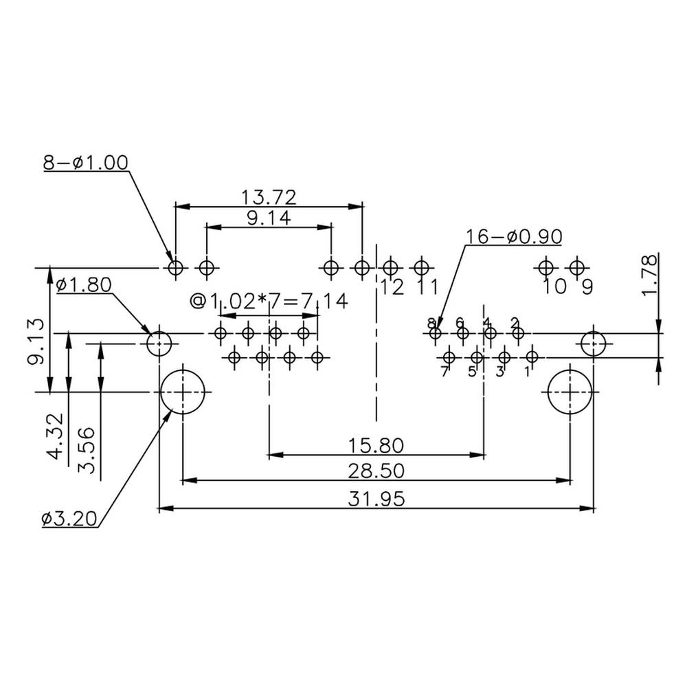 Technische Zeichnung eines mechanischen Teils mit genauen Maßen, Bohrlochpositionen und Abständen in Millimetern.