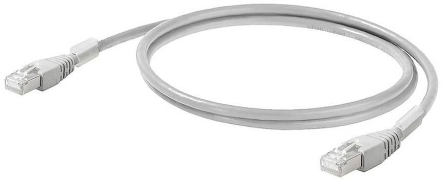 LAN-Kabel mit zwei RJ-45-Steckern, grau, bereit zur Vernetzung von Geräten.