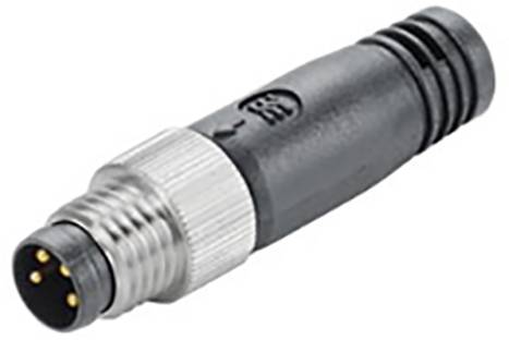 Ein M12-Steckverbinder mit drei Metallpins für elektrische Verbindungen, schwarzem Kunststoffgehäuse und einem metallenem Schraubverschluss.