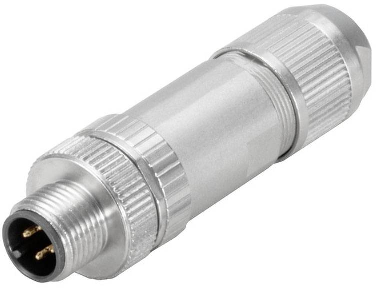 Zylindrischer metallischer Steckverbinder mit geriffeltem Griff, zwei Polen und einem Gewinde an beiden Enden für industrielle Anwendungen.