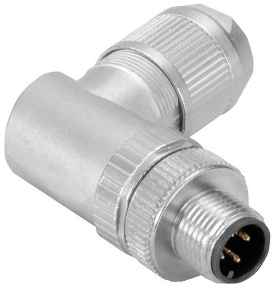 Ein silberner Metall-Stecker mit vier Pins und einem runden, gerändelten Gehäuse, häufig verwendet für elektronische Verbindungen.