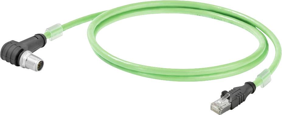 Grünes Ethernet-Kabel mit rechtwinkligem M12-Stecker und RJ45-Stecker, geeignet für industrielle Netzwerkverbindungen.