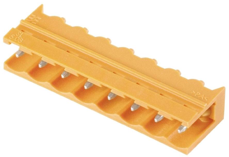 Ein orangefarbener Anschlussblock mit mehreren Steckplätzen zum Verbinden elektrischer Drähte, verwendet in Elektroinstallationen.