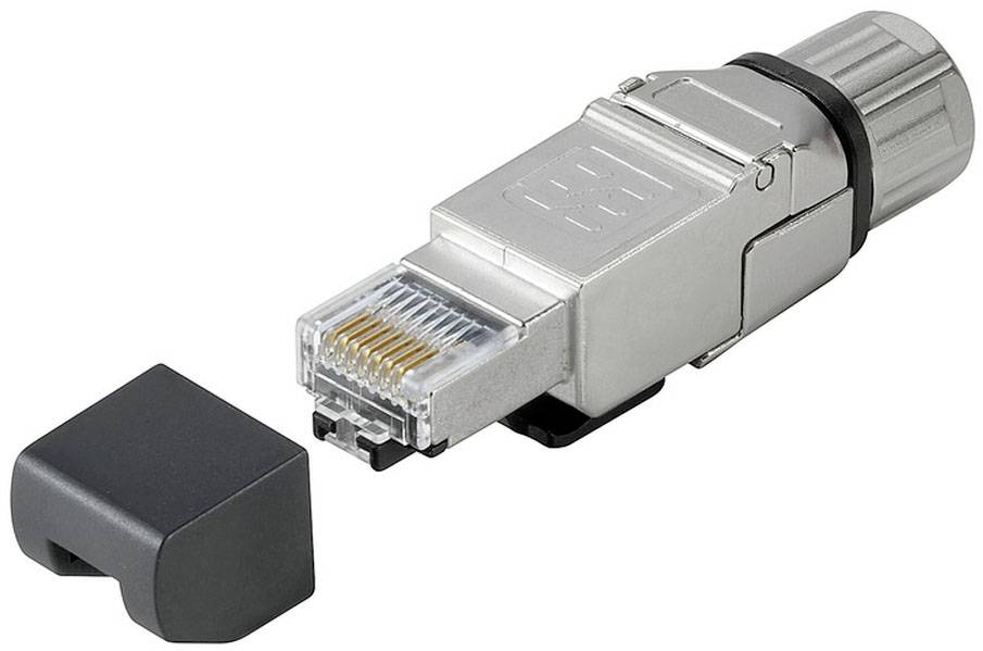 Ein silberner Netzwerkstecker mit abnehmbarem schwarzem Schutzkappenaufsatz, der eine Ethernet-Verbindung ermöglicht.