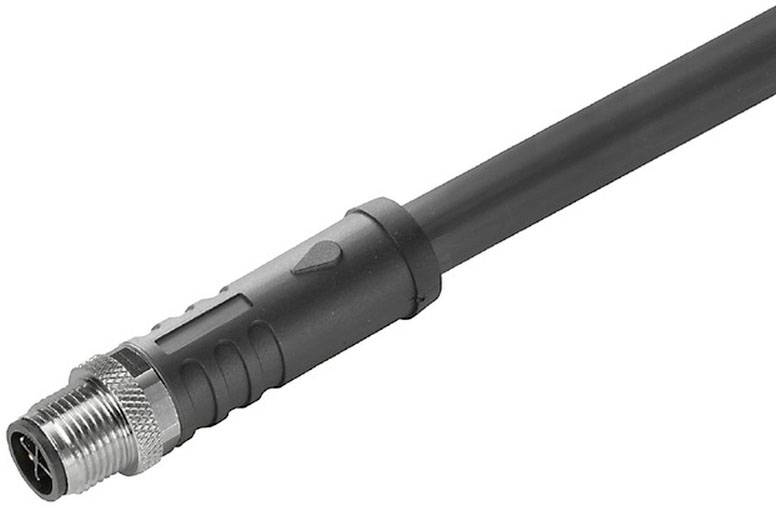 Schwarz-umanteltes Kabel mit einem metallischen Steckverbinder am Ende, geeignet für industrielle oder technische Anwendungen.