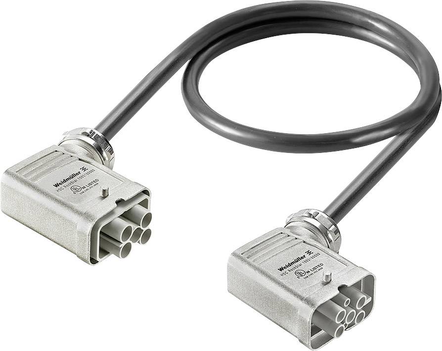 Ein schwarzes Kabel mit zwei rechteckigen, metallischen Steckverbindern an den Enden, verwendet für industrielle Anwendungen.