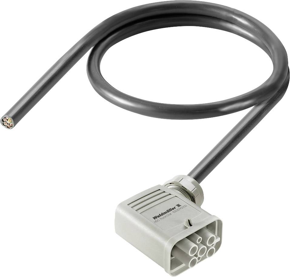 Ein mehrpoliger Kabelstecker mit einem schwarzen Kabel. Der Stecker ist grau mit mehreren Anschlüssen und trägt die Aufschrift 'Weidmüller'.