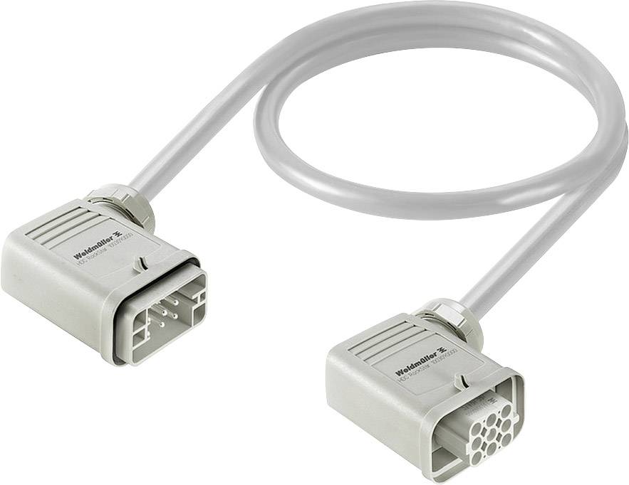 Graues, kurzes Verbindungskabel mit zwei unterschiedlichen Steckverbindern an den Enden, geeignet für industrielle Anwendungen.