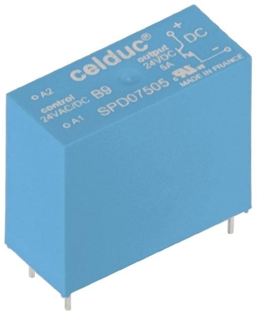 Blaues elektronisches Relais von Celduc. Beschriftung: 'control 24V AC/DC', 'output 24V DC 5A', 'SPD07505', 'Made in France'.