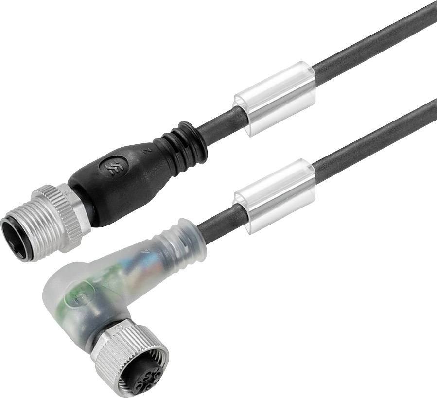 Zwei elektrische Kabel mit Steckern, eins gerade, das andere abgewinkelt. Beide haben robuste, runde Stecker mit Metallgehäuse.