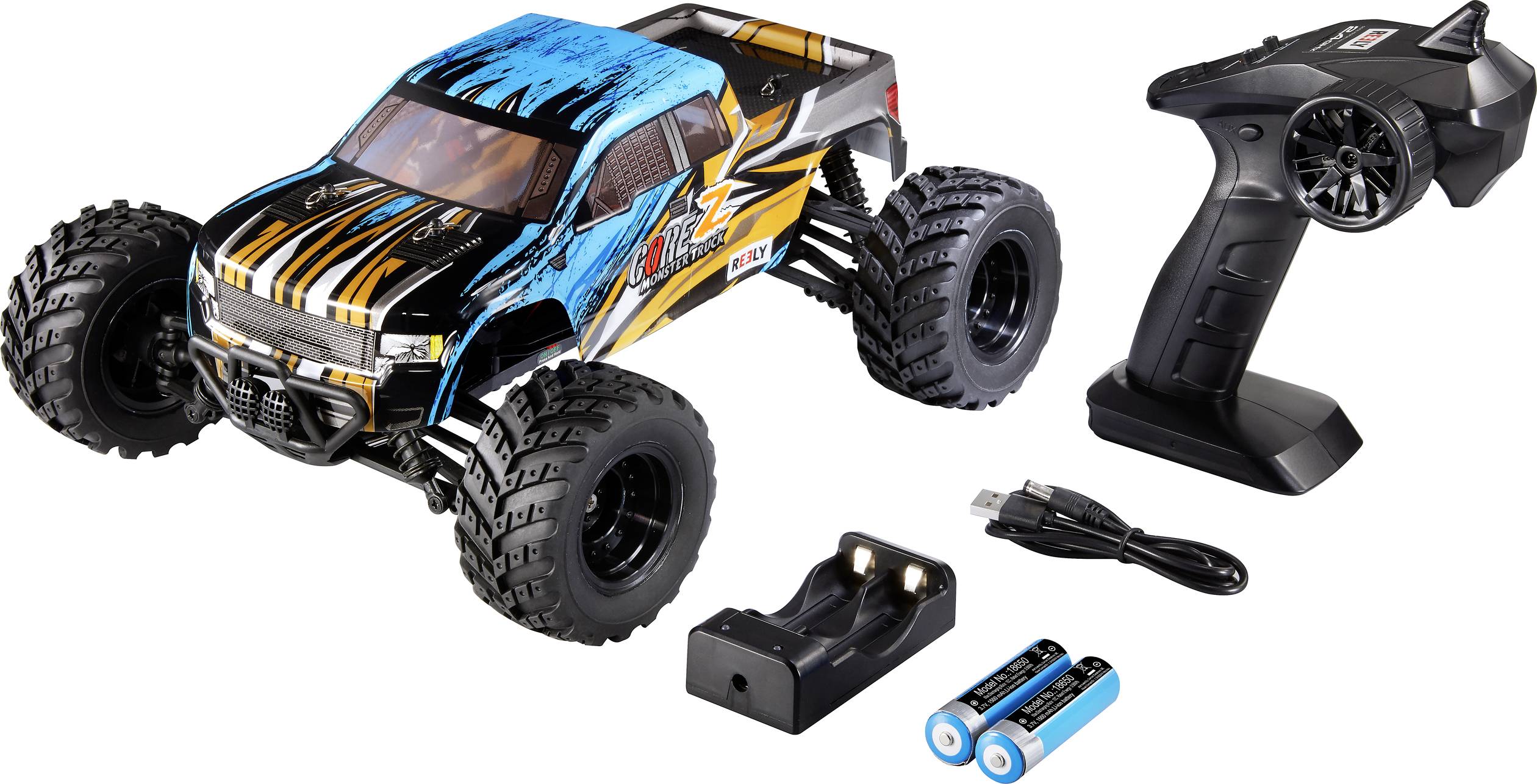 Reely CORE Z Brushed 1:10 XS RC Einsteiger Modellauto Elektro Monstertruck Allradantrieb (4WD) RtR 2,4GHz inkl. Akku und Ladekabel