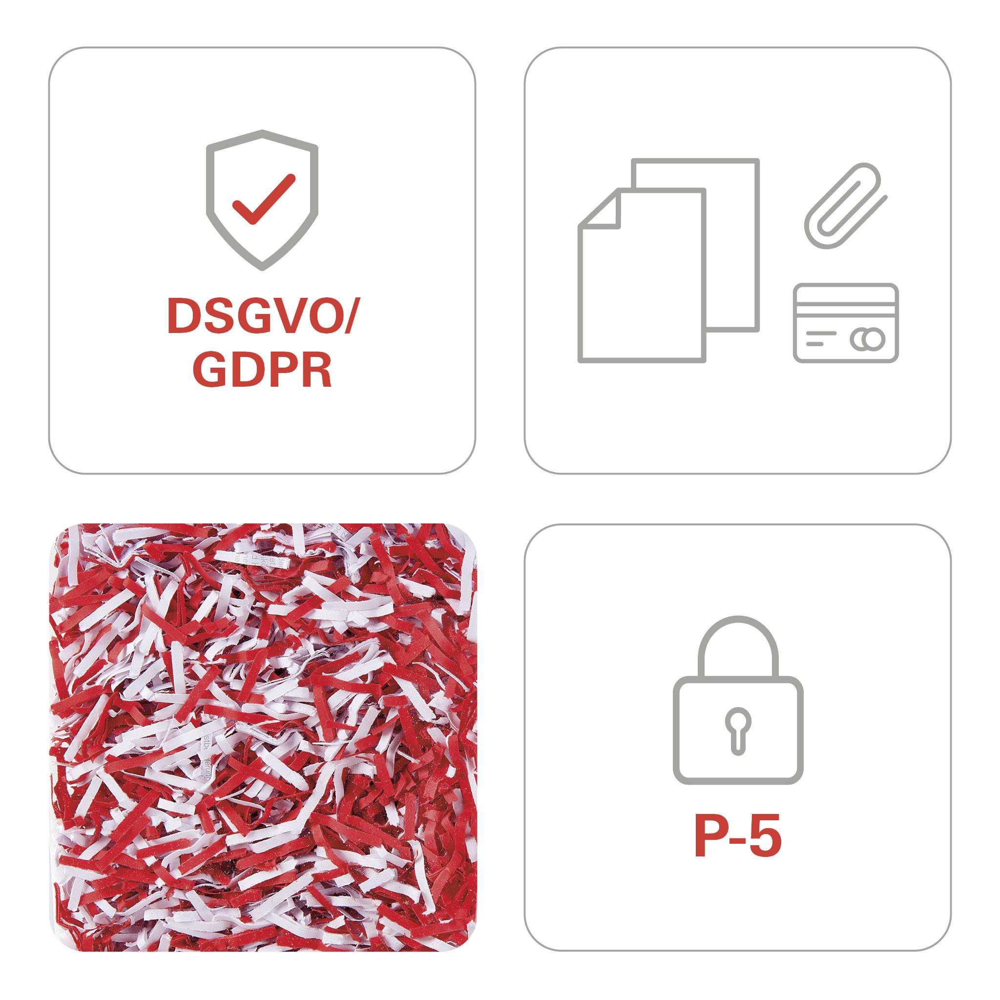 'DSGVO/GDPR': Datenschutzsymbol. Dokumentstapel, Büroklammer mit Kreditkarte. Zerkleinertes Papier (P-5) zeigt hohe Sicherheitsstufe.