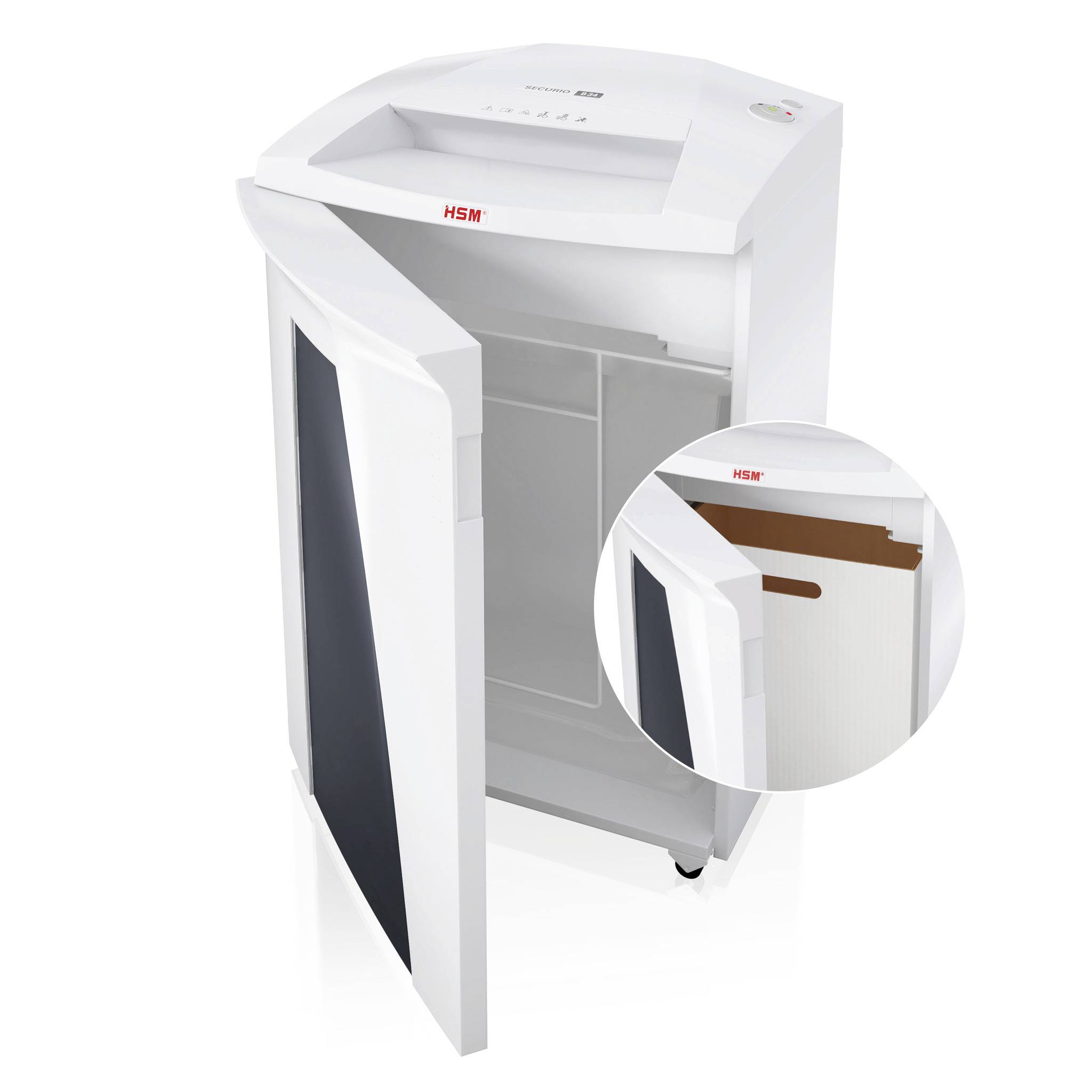 Ein weißer Aktenvernichter mit geöffnetem Fach, zeigt interne Mechanik. Das Logo 'HSM' ist auf der Vorderseite sichtbar.