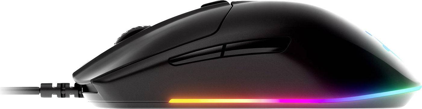 Schwarze Gaming-Maus mit ergonomischem Design, beleuchtet mit RGB-Lichtleiste an der Seite und mehreren Tasten.
