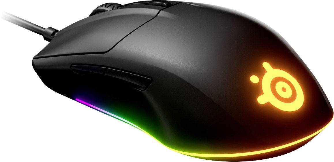 Schwarze Gaming-Maus mit beleuchtetem Logo und RGB-Lichtleiste an den Seiten; ergonomisches Design für Rechtshänder.