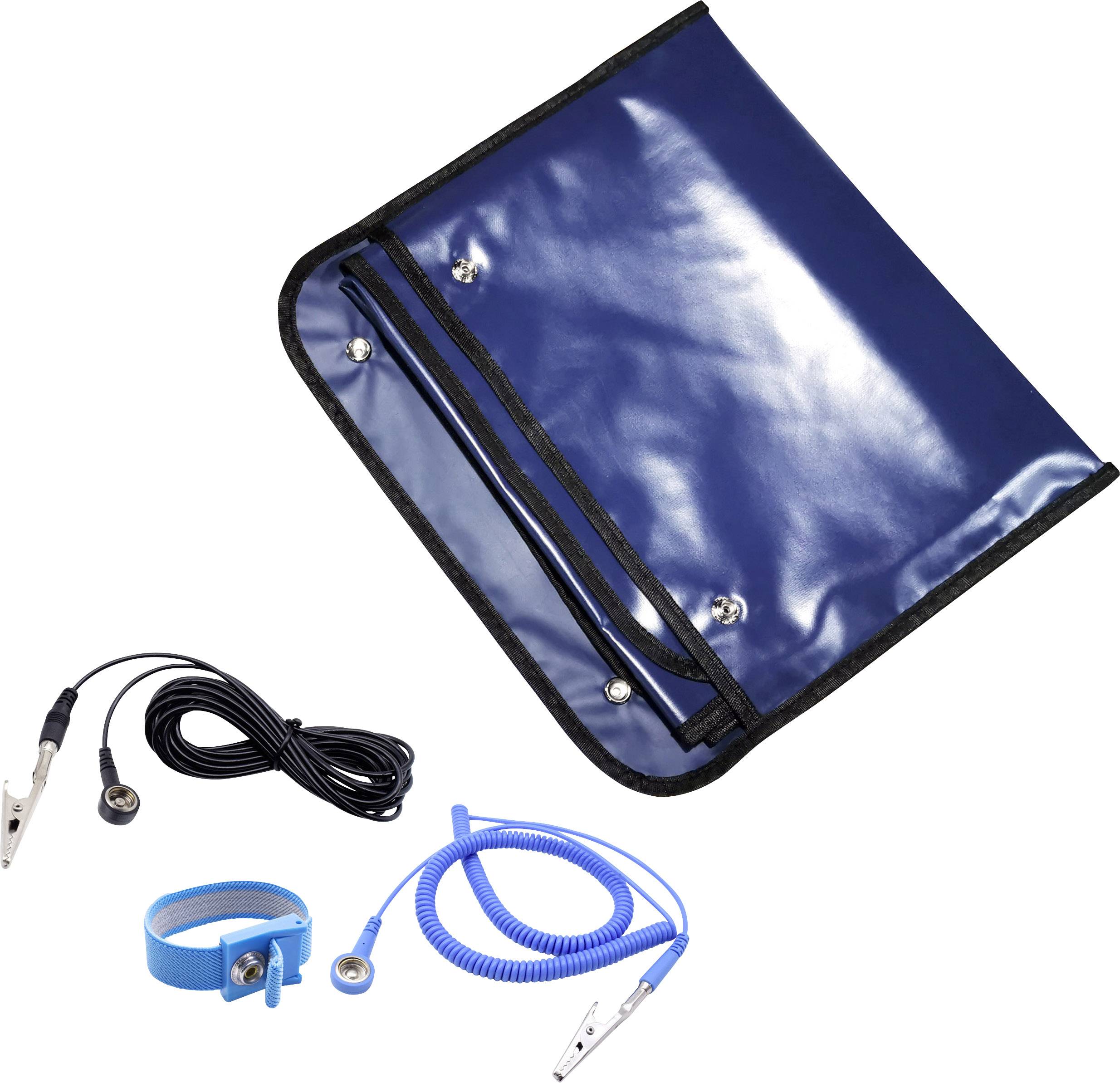 Eine dunkelblaue Erdungsmatte mit Kabel, Klettband und Anschlusskabel, die zur statischen Entladung verwendet wird.