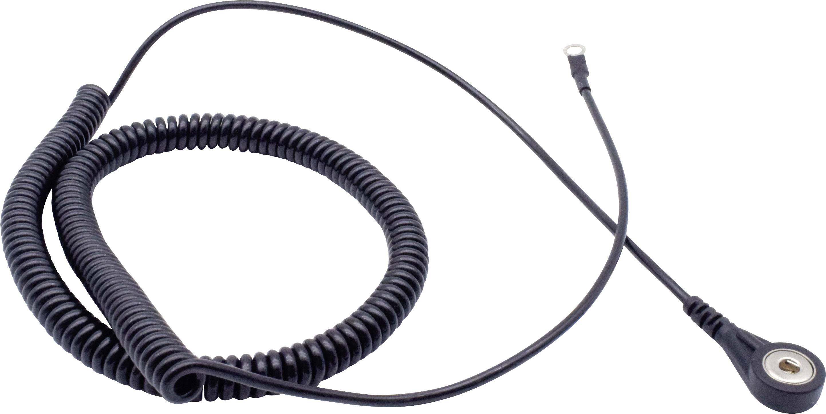 Ein schwarzes, spiralförmiges Kabel mit einem Metallstecker an einem Ende, das zur Verbindung elektronischer Geräte dient.