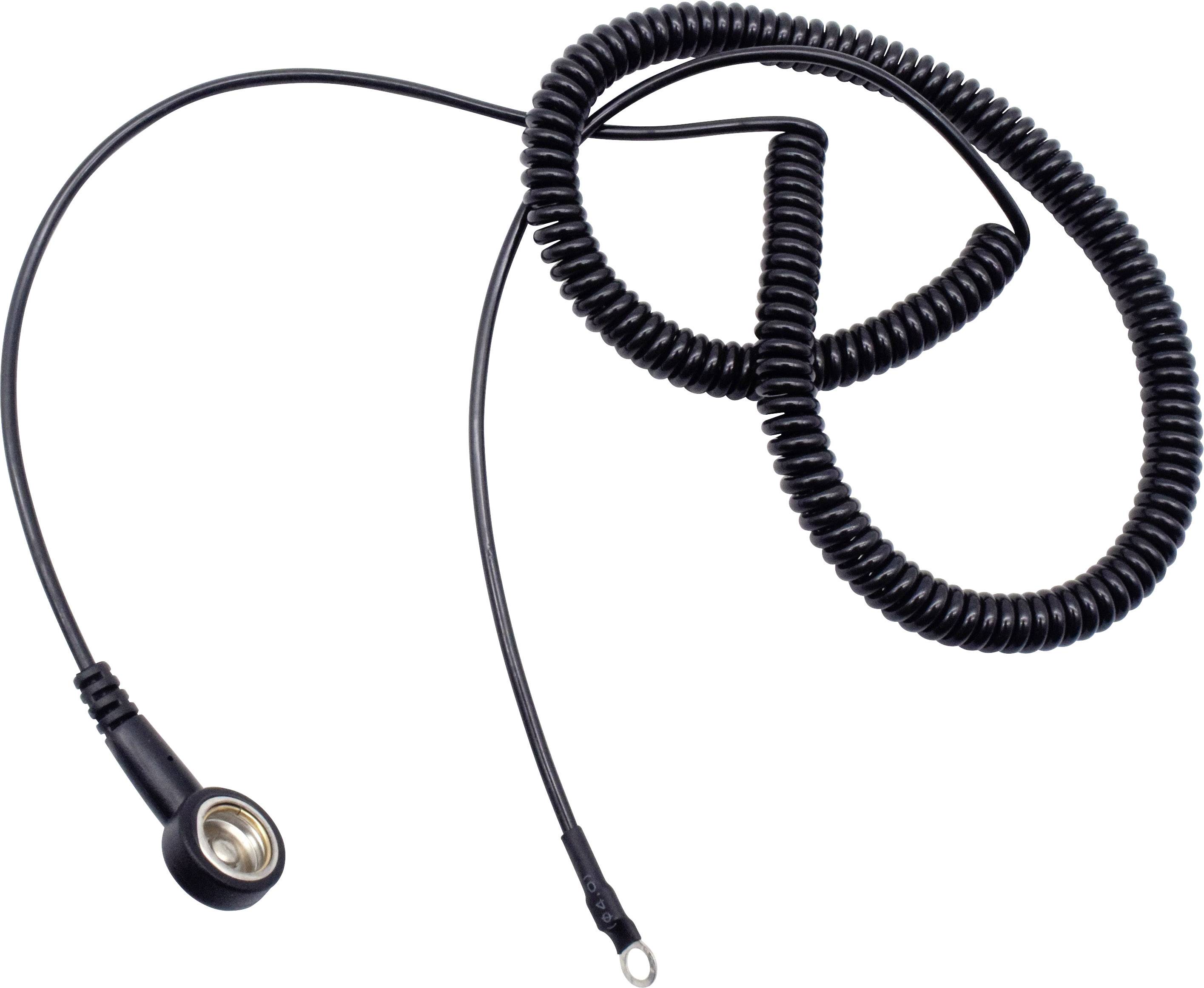 Ein langes, schwarzes, spiralförmiges Kabel mit einem Steckanschluss an einem Ende und einer Öse am anderen Ende.