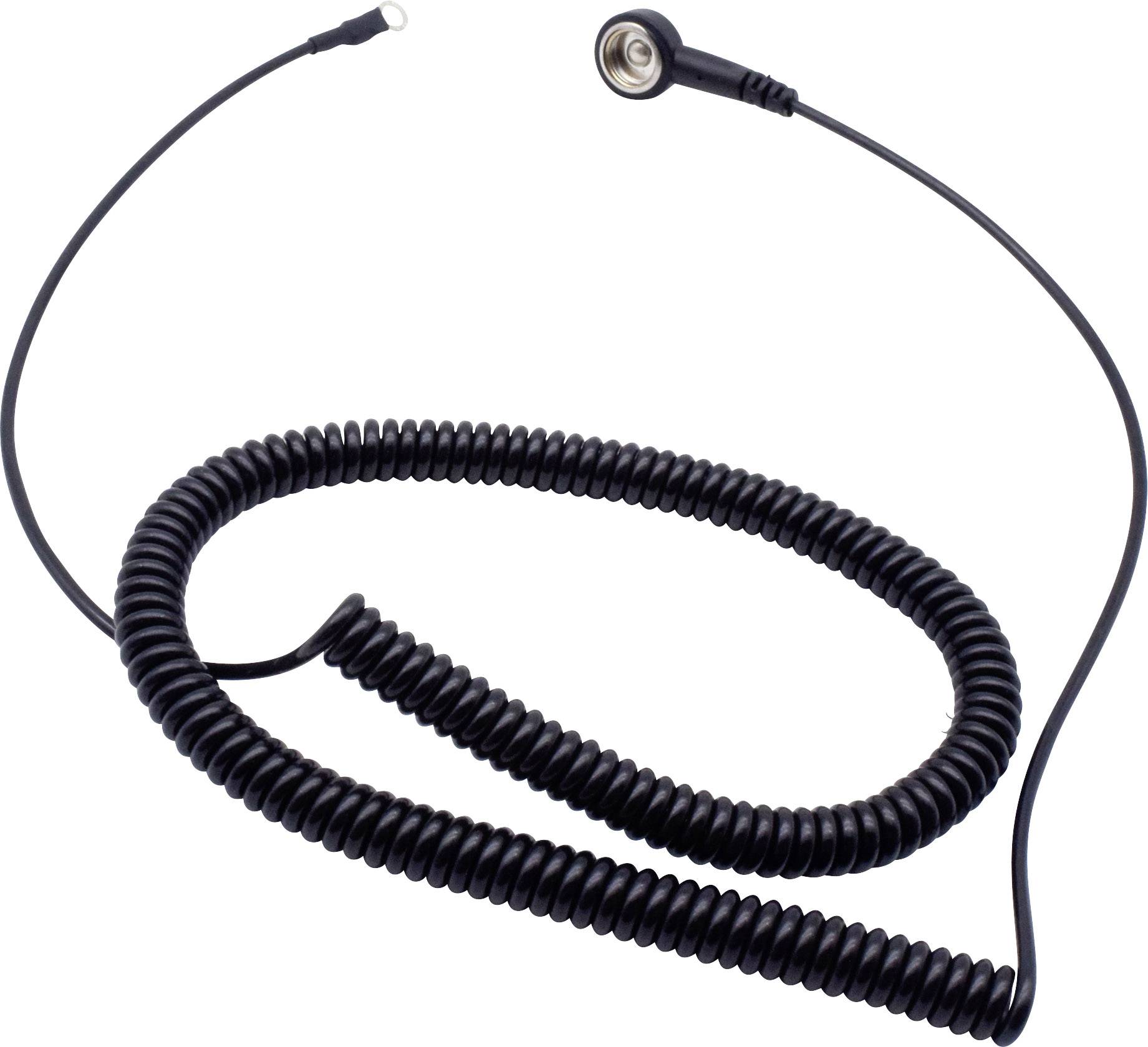 Schwarzes, spiralförmiges Kabel mit zwei verschiedenen Endverbindungen; eines mit einer runden Metallschlaufe, das andere mit einer festeren Verbindung.